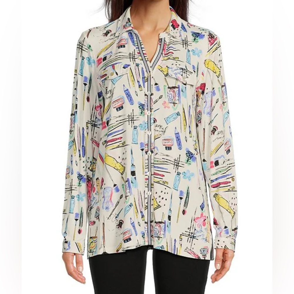NWT Ali Miles L  Novelty Print Knit Point Collar 3/4 Sleeve Button-Front Tunic